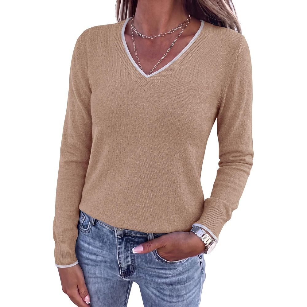 image:imagePRETTYGARDEN Womens V Neck Sweater Long Sleeve Knit Tops Contrast Trim Cozy Lightweight Pullover Loose Basic Soft Business Casual Holiday Vacation Outfits Fall Winter ClothesKhaki
