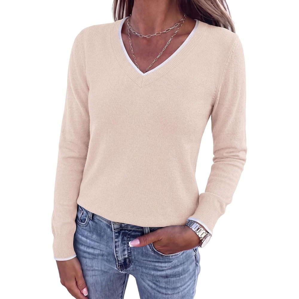 image:imagePRETTYGARDEN Womens V Neck Sweater Long Sleeve Knit Tops  Contrast Trim Cozy Lightweight Pullover Loose Basic Soft Business Casual Holiday Vacation Outfits Fall Winter ClothesWhite
