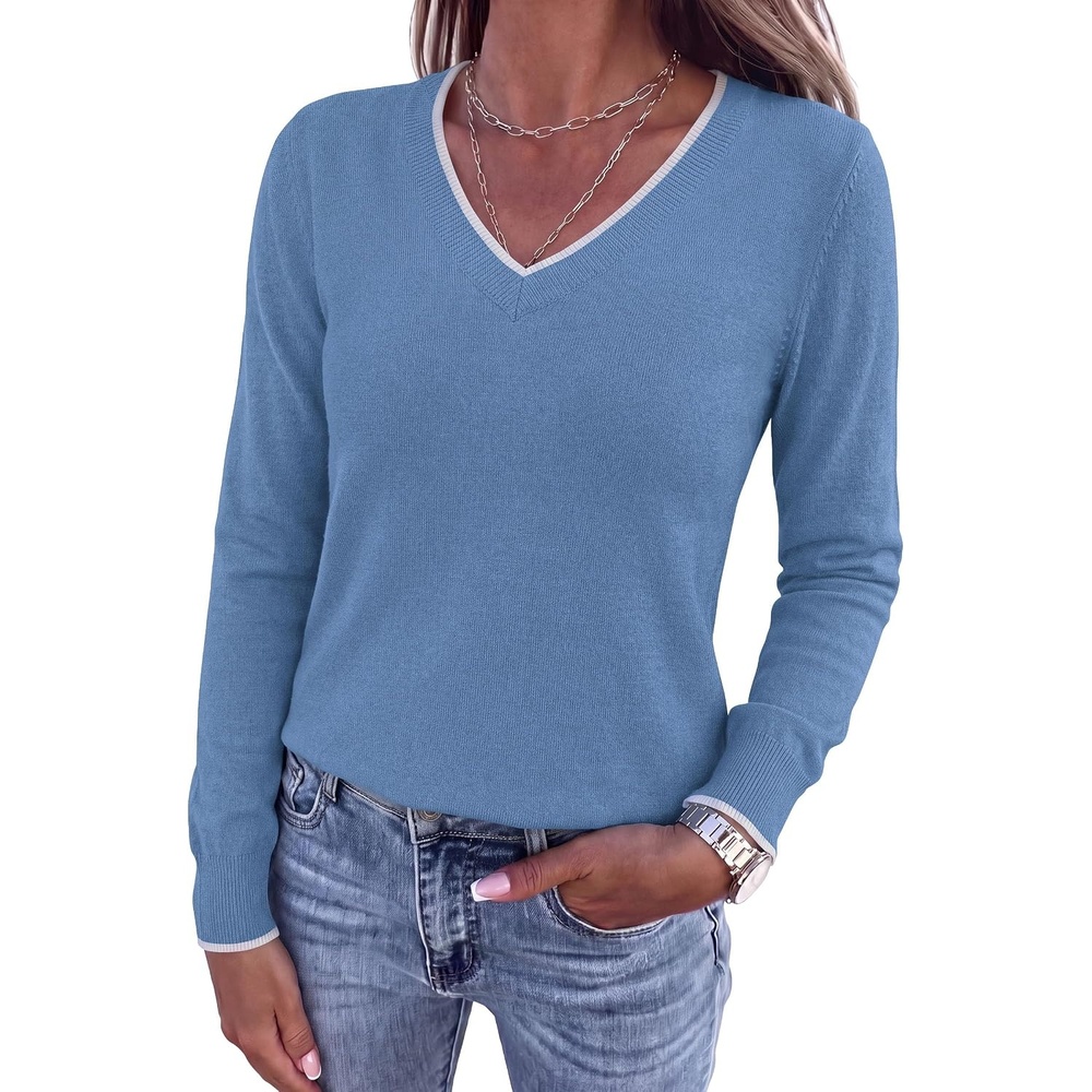 image:imagePRETTYGARDEN Womens V Neck Sweater Long Sleeve Knit Tops  Contrast Trim Cozy Lightweight Pullover Loose Basic Soft Business Casual Holiday Vacation Outfits Fall Winter ClothesGrey Blue