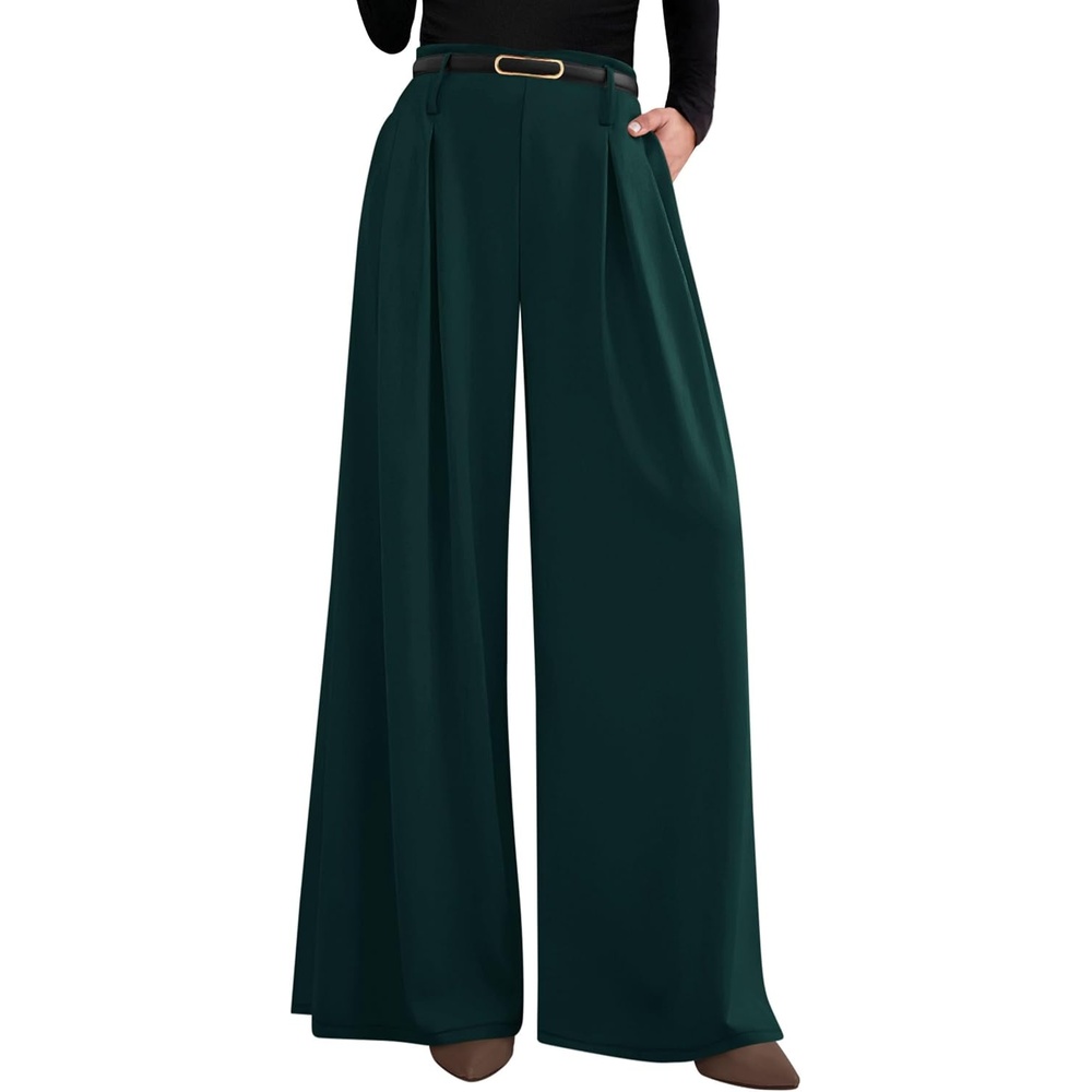 image:imagePRETTYGARDEN Womens Wide Leg Dress Pants Flowy Trousers  Front PleatsSide ZipperElastic High Waisted Palazzo PantsDressy Slacks with PocketsDaily Work Business Casual OutfitsDark Green
