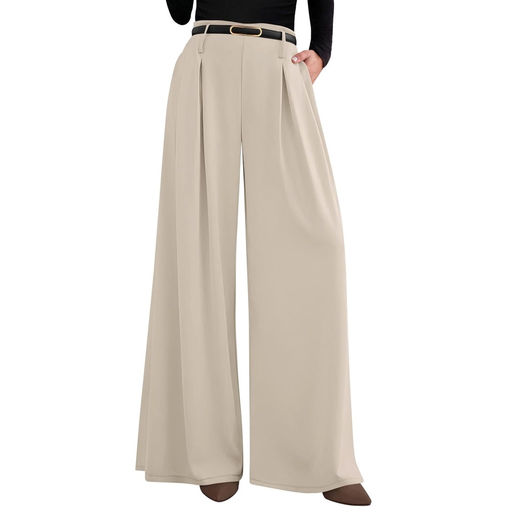 image:imagePRETTYGARDEN Womens Wide Leg Dress Pants Flowy Trousers  Front PleatsSide ZipperElastic High Waisted Palazzo PantsDressy Slacks with PocketsDaily Work Business Casual OutfitsApricot