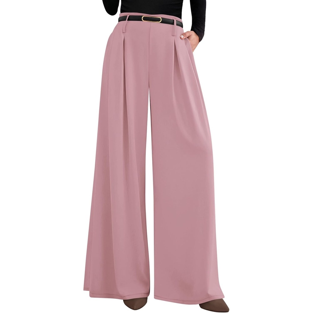 image:imagePRETTYGARDEN Womens Wide Leg Dress Pants Flowy Trousers  Front PleatsSide ZipperElastic High Waisted Palazzo PantsDressy Slacks with PocketsDaily Work Business Casual OutfitsPink