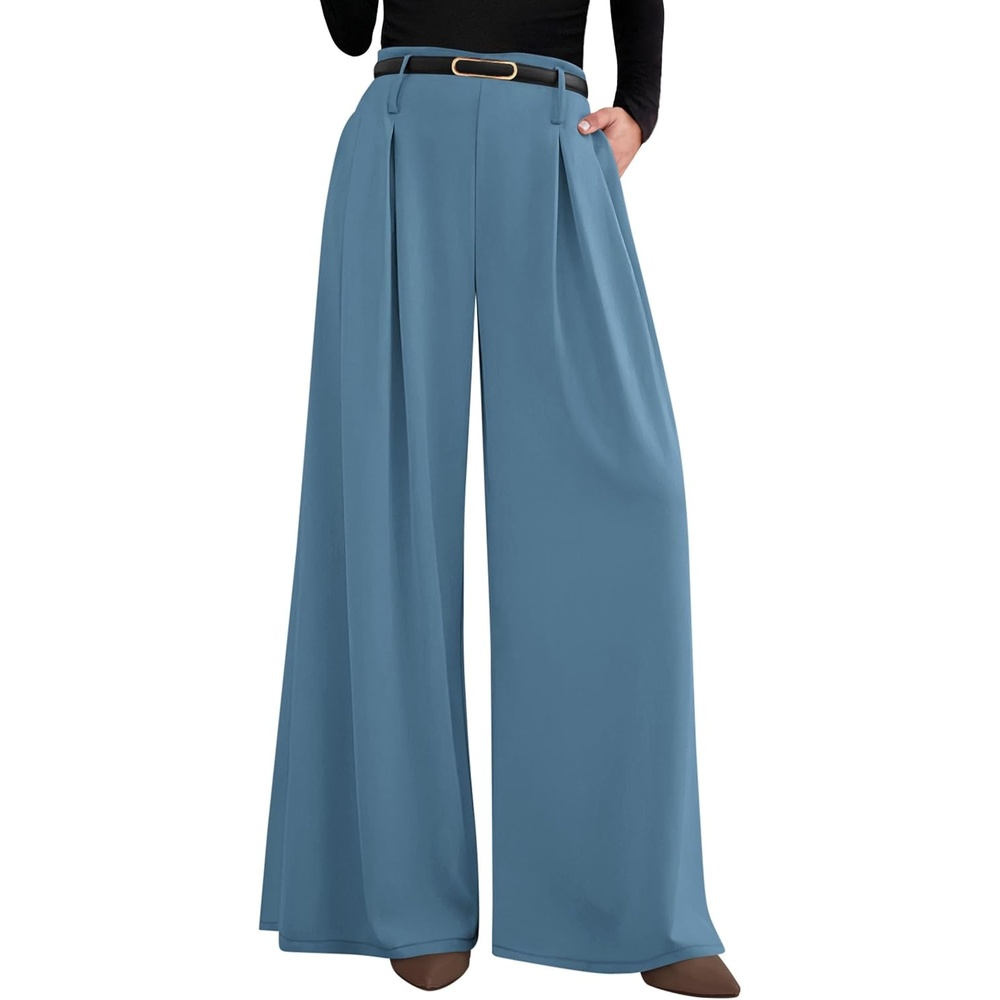 image:imagePRETTYGARDEN Womens Wide Leg Dress Pants Flowy Trousers  Front PleatsSide ZipperElastic High Waisted Palazzo PantsDressy Slacks with PocketsDaily Work Business Casual OutfitsBlue