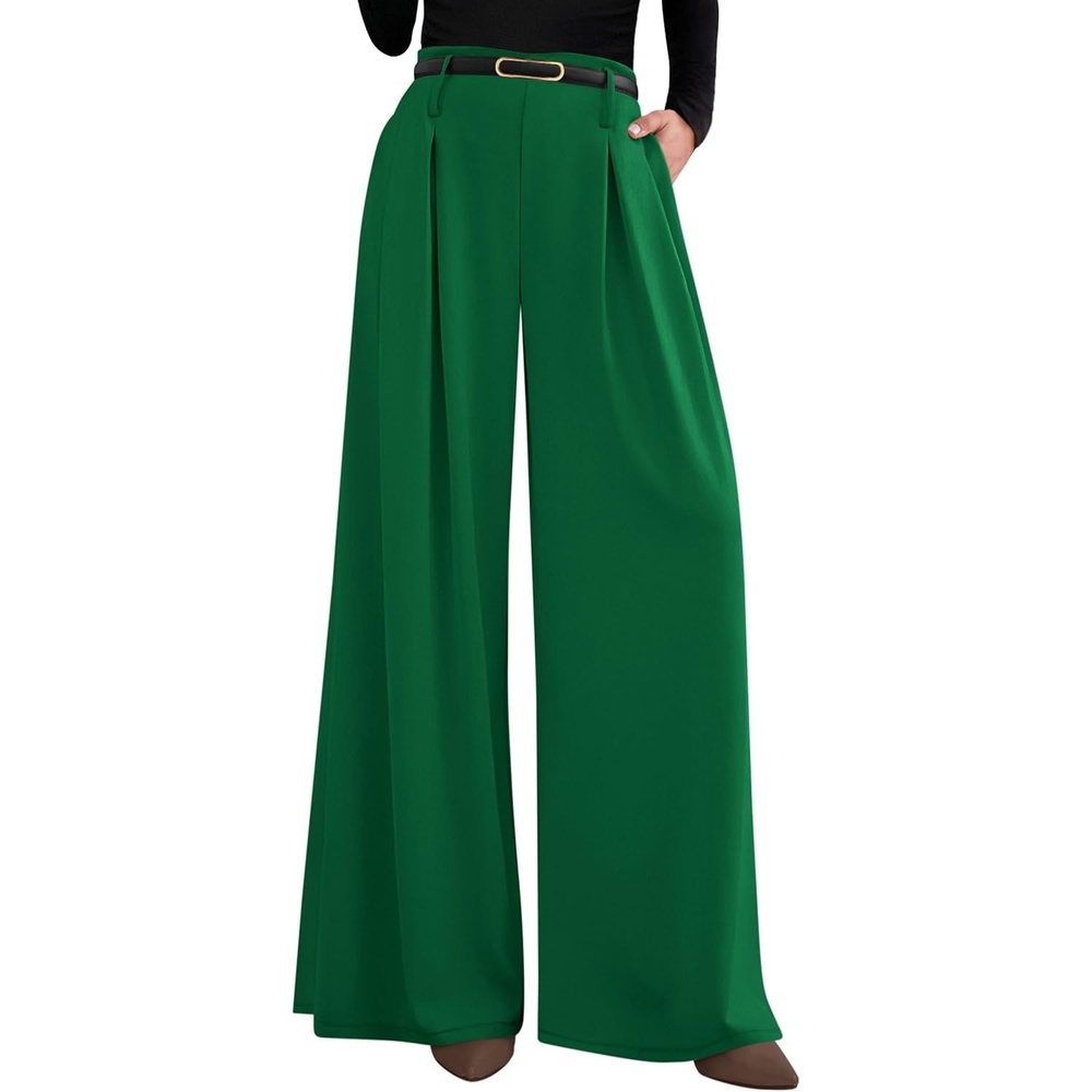 image:imagePRETTYGARDEN Womens Wide Leg Dress Pants Flowy Trousers  Front PleatsSide ZipperElastic High Waisted Palazzo PantsDressy Slacks with PocketsDaily Work Business Casual OutfitsGreen