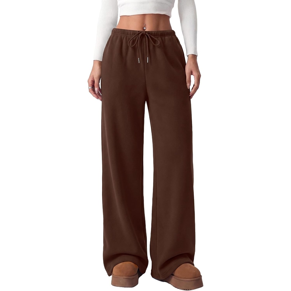 image:imagePRETTYGARDEN Womens Wide Leg Sweatpants Fleece Lounge Pants Elastic Drawstring WaistBaggy Jogger Yoga Sweat pantsPocketsFall Winter ClothesLoose Daily Casual amp Loungewear TrousersBrown