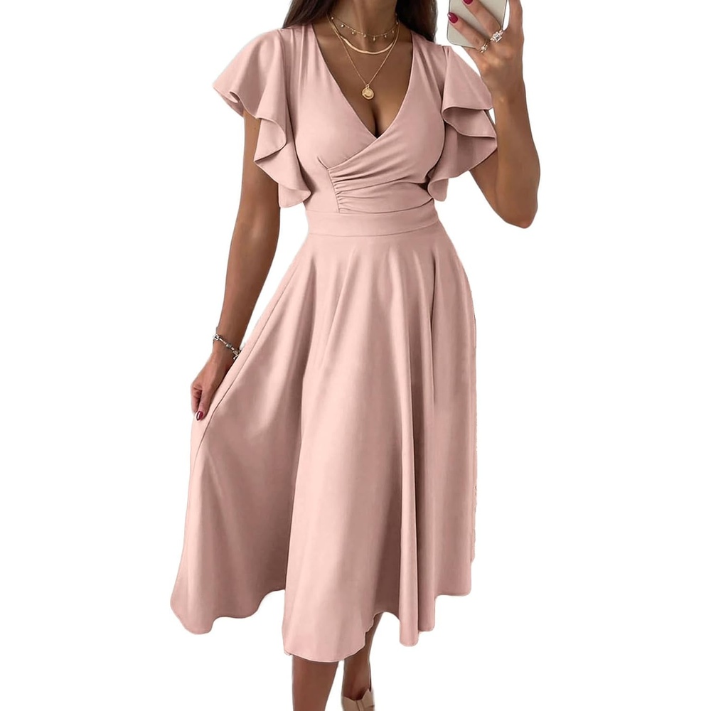 image:imagePRETTYGARDEN Womens Wrap V Neck Midi Summer Dresses Ruffled Flutter Sleeves Flowy Pleated A Line High Waist Elegant Spring Dress for Wedding Guest Cocktail Party Date NightApricot