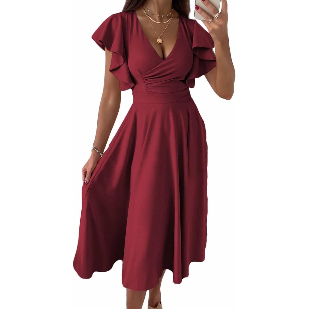 image:imagePRETTYGARDEN Womens Wrap V Neck Midi Summer Dresses Ruffled Flutter Sleeves Flowy Pleated A Line High Waist Elegant Spring Dress for Wedding Guest Cocktail Party Date NightWine Red