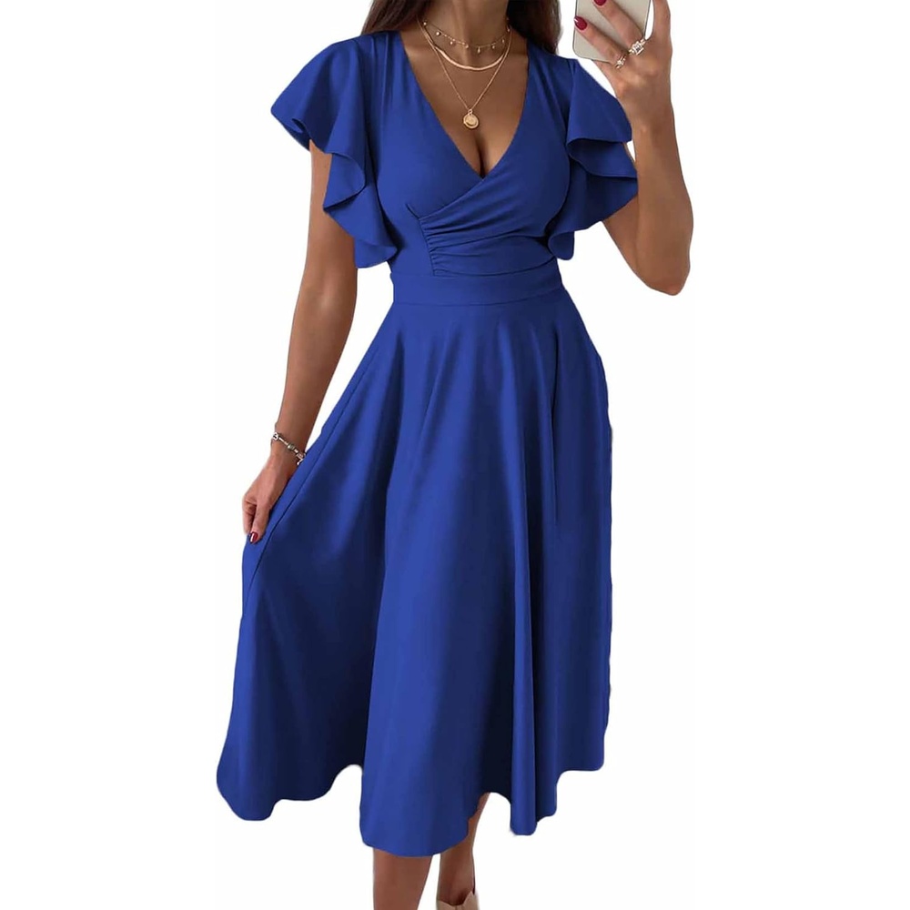 image:imagePRETTYGARDEN Womens Wrap V Neck Midi Summer Dresses Ruffled Flutter Sleeves Flowy Pleated A Line High Waist Elegant Spring Dress for Wedding Guest Cocktail Party Date NightBlue