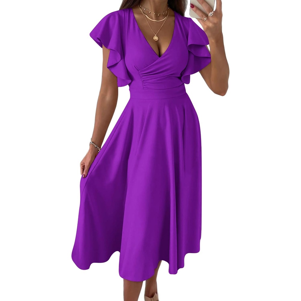 image:imagePRETTYGARDEN Womens Wrap V Neck Midi Summer Dresses Ruffled Flutter Sleeves Flowy Pleated A Line High Waist Elegant Spring Dress for Wedding Guest Cocktail Party Date NightPurple