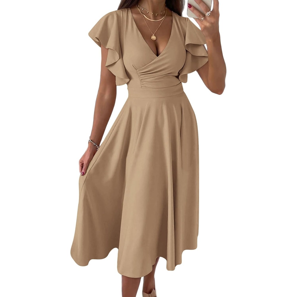 image:imagePRETTYGARDEN Womens Wrap V Neck Midi Summer Dresses Ruffled Flutter Sleeves Flowy Pleated A Line High Waist Elegant Spring Dress for Wedding Guest Cocktail Party Date NightKhaki