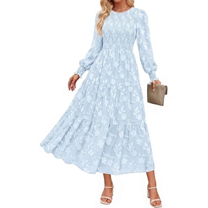 PRETTYGARDEN Fall Floral Long Sleeve Wedding Guest Dress for Women Pockets | Casual Textured Jacquard Smocked High Waist A-line Boho Flowy Midi Dress, Semi Formal Cocktail Dresses for Women 2026(Light Blue)