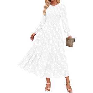 PRETTYGARDEN Fall Floral Long Sleeve Wedding Guest Dress for Women Pockets | Casual Textured Jacquard Smocked High Waist A-line Boho Flowy Midi Dress, Semi Formal Cocktail Dresses for Women 2026(White)