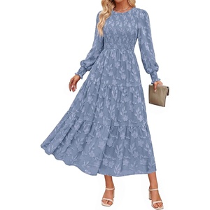 PRETTYGARDEN Fall Floral Long Sleeve Wedding Guest Dress for Women Pockets | Casual Textured Jacquard Smocked High Waist A-line Boho Flowy Midi Dress, Semi Formal Cocktail Dresses for Women 2026(Grey Blue)