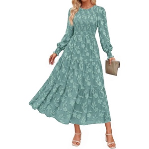 PRETTYGARDEN Fall Floral Long Sleeve Wedding Guest Dress for Women Pockets | Casual Textured Jacquard Smocked High Waist A-line Boho Flowy Midi Dress, Semi Formal Cocktail Dresses for Women 2026(Grey Green)