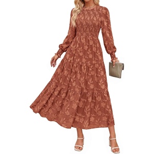 PRETTYGARDEN Fall Floral Long Sleeve Wedding Guest Dress for Women Pockets | Casual Textured Jacquard Smocked High Waist A-line Boho Flowy Midi Dress, Semi Formal Cocktail Dresses for Women 2026(Orange)