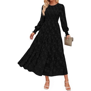 PRETTYGARDEN Fall Floral Long Sleeve Wedding Guest Dress for Women Pockets | Casual Textured Jacquard Smocked High Waist A-line Boho Flowy Midi Dress, Semi Formal Cocktail Dresses for Women 2026(Black)