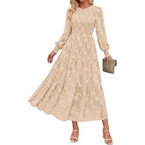 PRETTYGARDEN Fall Floral Long Sleeve Wedding Guest Dress for Women Pockets | Casual Textured Jacquard Smocked High Waist A-line Boho Flowy Midi Dress, Semi Formal Cocktail Dresses for Women 2026(Khaki)