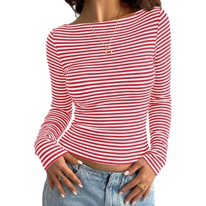PRETTYGARDEN Long Sleeve Striped Shirts for Women | Soft Ribbed Knit ,Y2k Tshirt,Slim Fit Layering,Cute Tops,Basic Tee,Business Casual Outfits,2026 Spring Fall Trendy Clothes(Striped Red White)