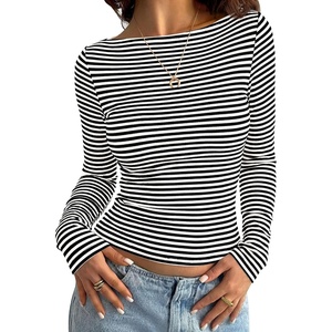 PRETTYGARDEN Long Sleeve Striped Shirts for Women | Soft Ribbed Knit ,Y2k Tshirt,Slim Fit Layering,Cute Tops,Basic Tee,Business Casual Outfits,2026 Spring Fall Trendy Clothes(Striped Black White)