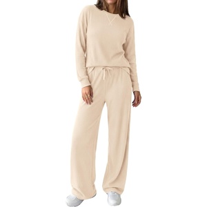 PRETTYGARDEN Sweatsuits Women 2 Piece Airport Travel Outfits | Ribbed Knit Lounge Sets, Casual Athleisure Wear, Matching Long Sleeve Shirts & Wide Leg Pants Pockets, Fall Winter Clothes(Apricot)