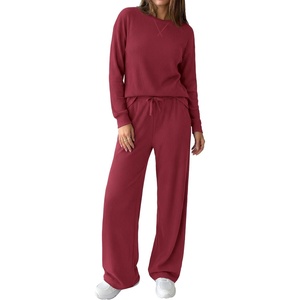 PRETTYGARDEN Sweatsuits Women 2 Piece Airport Travel Outfits | Ribbed Knit Lounge Sets, Casual Athleisure Wear, Matching Long Sleeve Shirts & Wide Leg Pants Pockets, Fall Winter Clothes(Burgundy)