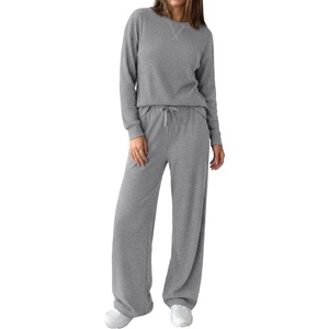 PRETTYGARDEN Sweatsuits Women 2 Piece Airport Travel Outfits | Ribbed Knit Lounge Sets, Casual Athleisure Wear, Matching Long Sleeve Shirts & Wide Leg Pants Pockets, Fall Winter Clothes(Grey)