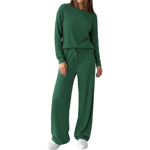 PRETTYGARDEN Sweatsuits Women 2 Piece Airport Travel Outfits | Ribbed Knit Lounge Sets, Casual Athleisure Wear, Matching Long Sleeve Shirts & Wide Leg Pants Pockets, Fall Winter Clothes(Dark Green)