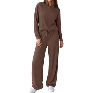 PRETTYGARDEN Sweatsuits Women 2 Piece Airport Travel Outfits | Ribbed Knit Lounge Sets, Casual Athleisure Wear, Matching Long Sleeve Shirts & Wide Leg Pants Pockets, Fall Winter Clothes(Brown)