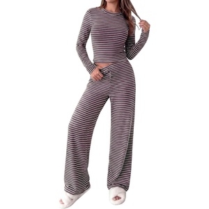 PRETTYGARDEN Women 2 Piece Striped Lounge Sets | Soft Cozy Knit, Matching Airport Travel Outfits, Long Sleeve Shirts, Wide Leg Pants Pockets, Fall Winter Comfy Casual Clothes(Striped Dark Brown White)