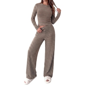 PRETTYGARDEN Women 2 Piece Striped Lounge Sets | Soft Cozy Knit, Matching Airport Travel Outfits, Long Sleeve Shirts, Wide Leg Pants Pockets, Fall Winter Comfy Casual Clothes(Striped Brown White)