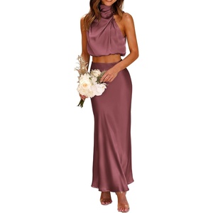 PRETTYGARDEN Women’s 2 Piece Outfits Satin Skirt Set | Smooth Silk Fabric, Sleeveless Mock Neck, Asymmetrical Crop Tops, High Waisted, Maxi Long Skirts, Elegant Summer Dress Sets(Brick Red)