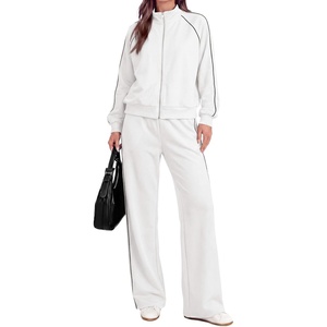 PRETTYGARDEN Women’s 2 Piece Sweat Set Casual Fall Outfits | Zip Up Sweatshirt,Wide Leg Pants Sweatsuits,Side Stripes,Matching Lounge Sets,Athletic Wear for Airport,Jogging,Travel,Daily(White)