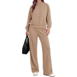 PRETTYGARDEN Women’s 2 Piece Sweat Set Casual Fall Outfits | Zip Up Sweatshirt,Wide Leg Pants Sweatsuits,Side Stripes,Matching Lounge Sets,Athletic Wear for Airport,Jogging,Travel,Daily(Khaki)