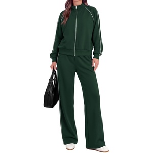 PRETTYGARDEN Women’s 2 Piece Sweat Set Casual Fall Outfits | Zip Up Sweatshirt,Wide Leg Pants Sweatsuits,Side Stripes,Matching Lounge Sets,Athletic Wear for Airport,Jogging,Travel,Daily(Dark Green)