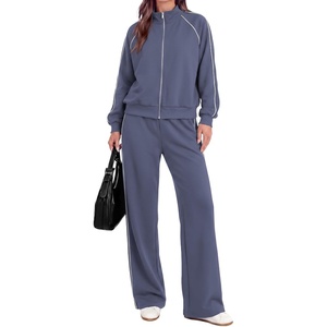 PRETTYGARDEN Women’s 2 Piece Sweat Set Casual Fall Outfits | Zip Up Sweatshirt,Wide Leg Pants Sweatsuits,Side Stripes,Matching Lounge Sets,Athletic Wear for Airport,Jogging,Travel,Daily(Grey Blue)