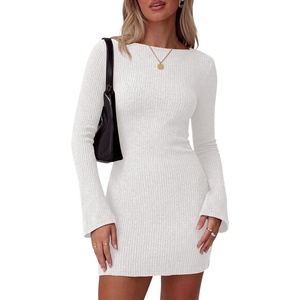 PRETTYGARDEN Womens Boat Neck Bell Long Sleeve Mini Dress | High Stretch Ribbed Knit,Versatile Basic Slim Fit Bodycon,Short Night Out Party Cocktail Dresses,Fall Winter Fashion Clothing(White)