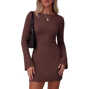 PRETTYGARDEN Womens Boat Neck Bell Long Sleeve Mini Dress | High Stretch Ribbed Knit,Versatile Basic Slim Fit Bodycon,Short Night Out Party Cocktail Dresses,Fall Winter Fashion Clothing(Brown)