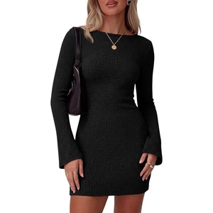 PRETTYGARDEN Womens Boat Neck Bell Long Sleeve Mini Dress | High Stretch Ribbed Knit,Versatile Basic Slim Fit Bodycon,Short Night Out Party Cocktail Dresses,Fall Winter Fashion Clothing(Black)