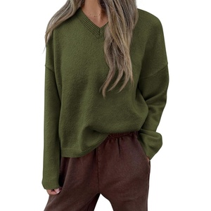 PRETTYGARDEN Women’s Cozy Sweaters Fall Fashion V Neck Tops | Soft Stretchy Warm, Chunky Knit Pullover, Loose Fit Long Sleeve Shirts, Dressy Casual Blouses, Trendy Holiday Winter Outfits(Army Green)