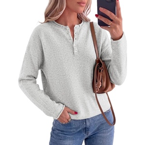 PRETTYGARDEN Women’s Fall Button Up Cozy Pullover Sweaters | Stretchy Soft Knit, Drop Shoulder Long Sleeve Tops, Henley Crewneck Rolled Edge, Dressy Casual Blouses, Trendy Winter Clothes(Grey)