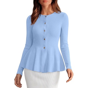 PRETTYGARDEN Women’s Fall Lightweight Cardigan Sweaters | Long Sleeve Peplum Tops, Button Up, Slim Fitted, Flared Hem, Soft Ribbed Knit, Business Casual Outfits, Winter Trendy Clothes(Light Blue)