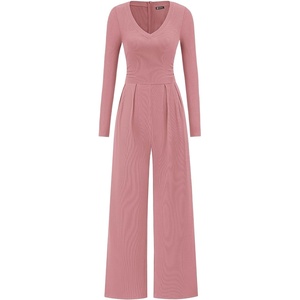 PRETTYGARDEN Womens Fall One Piece Long Sleeve Jumpsuit | Stretchy Ribbed Knit, Fashion Deep V Neck, Wide Leg Romper with Pockets, Work Business Casual Outfits, Trendy Winter Clothes(Dusty Pink)