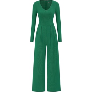PRETTYGARDEN Womens Fall One Piece Long Sleeve Jumpsuit | Stretchy Ribbed Knit, Fashion Deep V Neck, Wide Leg Romper with Pockets, Work Business Casual Outfits, Trendy Winter Clothes(Green)