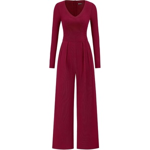PRETTYGARDEN Womens Fall One Piece Long Sleeve Jumpsuit | Stretchy Ribbed Knit, Fashion Deep V Neck, Wide Leg Romper with Pockets, Work Business Casual Outfits, Trendy Winter Clothes(Wine Red)
