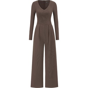 PRETTYGARDEN Womens Fall One Piece Long Sleeve Jumpsuit | Stretchy Ribbed Knit, Fashion Deep V Neck, Wide Leg Romper with Pockets, Work Business Casual Outfits, Trendy Winter Clothes(Brown)