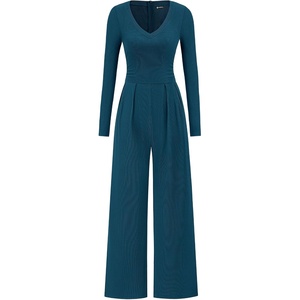 PRETTYGARDEN Womens Fall One Piece Long Sleeve Jumpsuit | Stretchy Ribbed Knit, Fashion Deep V Neck, Wide Leg Romper with Pockets, Work Business Casual Outfits, Trendy Winter Clothes(Lake Blue)