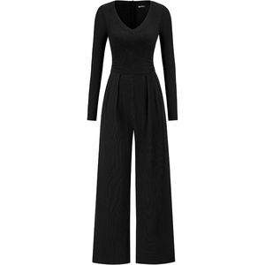 PRETTYGARDEN Womens Fall One Piece Long Sleeve Jumpsuit | Stretchy Ribbed Knit, Fashion Deep V Neck, Wide Leg Romper with Pockets, Work Business Casual Outfits, Trendy Winter Clothes(Black)