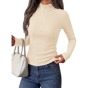 PRETTYGARDEN Women’s Fall Quarter Zip Long Sleeve Shirts | Soft Stretchy Ribbed Knit, Collared Zipper Slim Fitted, Raglan Sleeves Pullover, Dressy Casual Tops, Trendy Going Out Outfits(Beige)