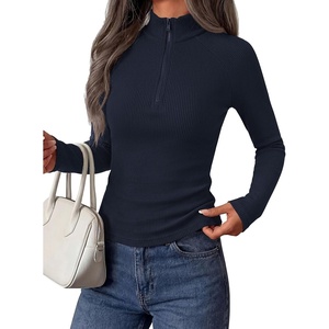 PRETTYGARDEN Women’s Fall Quarter Zip Long Sleeve Shirts | Soft Stretchy Ribbed Knit, Collared Zipper Slim Fitted, Raglan Sleeves Pullover, Dressy Casual Tops, Trendy Going Out Outfits(Navy Blue)