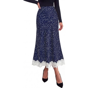 PRETTYGARDEN Women’s Flowy Satin Midi A Line Skirt | Dressy Lace Trim, Elastic High Waisted, Fall Fashion Bottoms, Elegant Outfits for Wedding Guest, Cocktail Party & Date Night(Dot Navy Blue White)